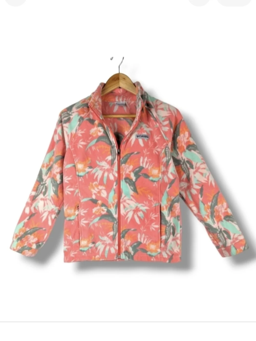 Columbia Floral Fleece Jacket Youth XL Peachy Pink Green